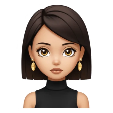 generate a pretty bratz girl in black cami top, dark brown straight short hair, eyeliner on. dark brown eyes. Wearing sleeveless white turtleneck, gold stud earrings sticker