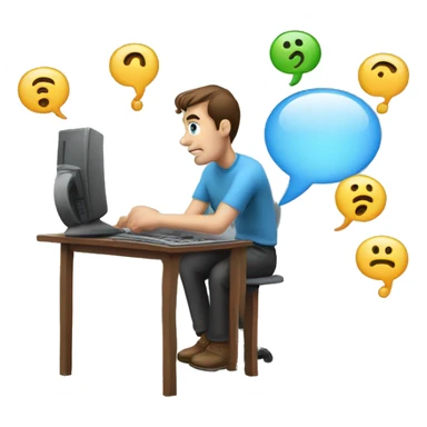 Guy playing computer with question marks in thought bubble sticker