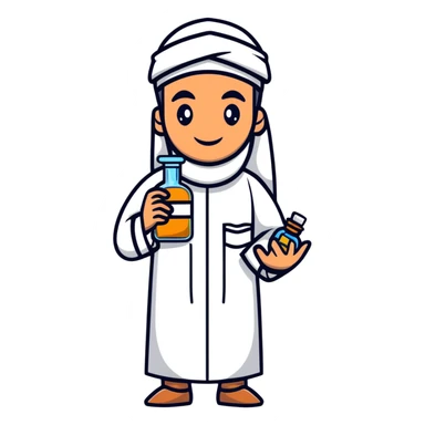 Arab man in traditional clothes holding a medicine bottle sticker