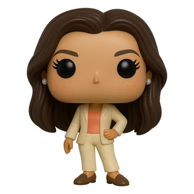 Create a superior quality Funko Pop style vinyl figure of Eva Longoria with luminous smooth tanned skin, detailed dark hair, textured cream blazer, peach top, cream bottoms, small pearly earrings, greige leather loafers clearly visible, cool pose, rosy cheeks, very discreet freckles, eyelashes, mischievous and cheerful expression, no mouth, transparent background. sticker
