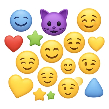 Create a cluster of about 15 to 18 different 3D Apple style emojis inspired by the provided image. The emojis should be spaced apart so that none of them touch each other on the sides, and none should go beyond the boundaries. The background should be removed, leaving only the emojis visible. sticker