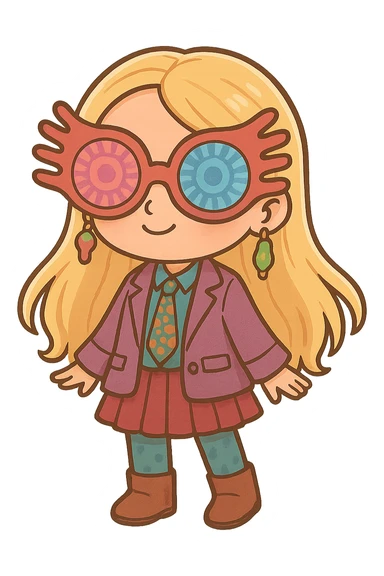 Add Luna Lovegood's iconic large, colorful, and fun-shaped glasses on the character's face, keeping the cute and cartoon style of the image. sticker
