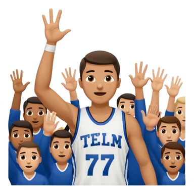 Maverick Trevillian in the crowd at an amateur basketball game. He leans towards the camera and enthusiastically shouts "six seven while performing a distinctive hand gesture: both hands open, palms facing upward, moving up and down as if weighing two options. sticker