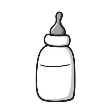 a baby bottle with a cap and nipple, pastel colors dd9fb0, ffc6d3, a3bfc9, c4bee2, f1b091, detailed hand-drawn doodle style sticker