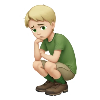 sad boy full body crouched down green shirt sticker
