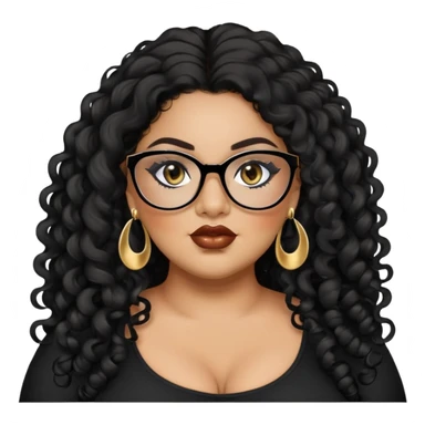 big plus size, latina, darker tan skin, long black curly hair, baddie,pretty, makeup, lipgloss, black eyeliner, long hair, small gold earrings, black top, black glasses sticker