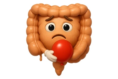 EMOJI STILE IPHONE DI un intestino triste con palloncino rosso sulla pancia, IPERREALISTICO 4K sticker
