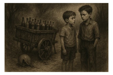 g'ildiragi singan ichimliklar ortilgan arava bir baloni singan uni yonida aka uka havotirli nigoh bilan bir biriga qarab turishibdi sticker