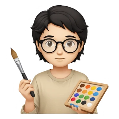 Reliable young painter with round glasses, wavy black hair, beige art shirt, with square paintbrush sticker