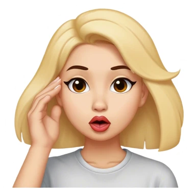 pushing hair behind one ear and making duck lips sticker