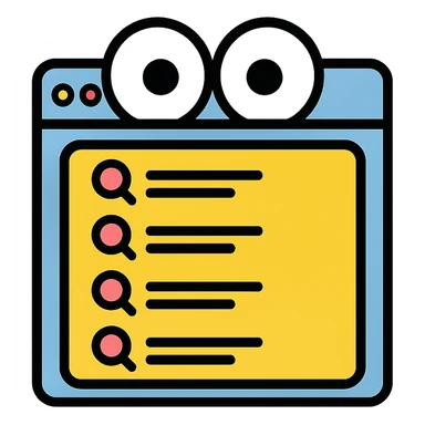 funny icon of a browser window with shocked eyes peeking over a search history list sticker