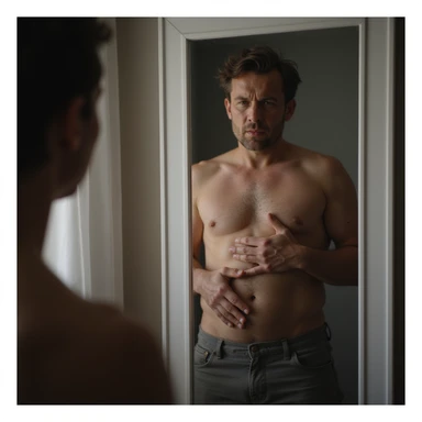 realistic 4K man in front of the mirror squeezing his belly with one hand and making a grimace of hatred sticker