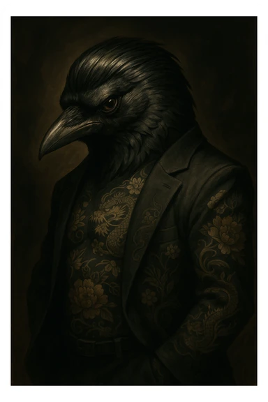 A crow with a yakuza aesthetic, featuring slicked-back feathers, a sharp gaze, and subtle tattoos, in a dramatic pose. sticker