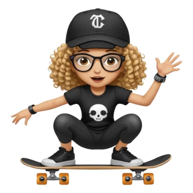 ["An excited girl with light skin, curly hair, wearing a baseball cap and square glasses, dressed in goth fashion, is skateboarding while holding a camera."] sticker