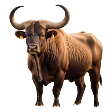 Cinematic Noble Domestic Ox Portrait Emoji, Poised and stalwart, with a massive, muscular build and a thick, smooth hide in deep earthy tones, prominent, curved horns, and steady, soulful eyes, Simplified yet sharp and sophisticated features, highly detailed, glowing with a warm, dignified glow, high shine, intelligent and dependable, stylized with an air of timeless strength, focused and attentive, soft glowing outline, capturing the essence of a watchful and confident ox that feels as though it could plod out of the screen with effortless authority! sticker