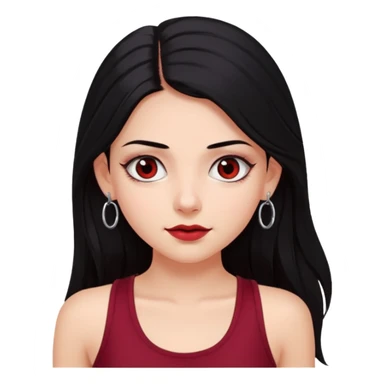 a pretty bratz fair girl with long black hair, kajal under eyes, small silver hoop. Dark cherry red tank top on.  sticker