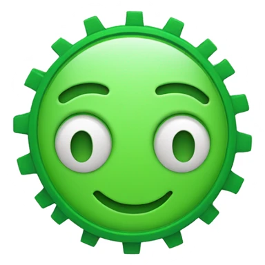smiley image with face as a green circular outline, with two green gear-shaped wheels as eyes and a green curved smile sticker