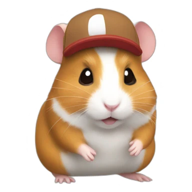 A brown white ginger hamster wearing a Pokemon hat sticker