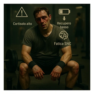 Add floating symbols above the head with Italian text: 'Cortisolo alto', 'Recupero basso', 'Fatica SNC'. The style should be raw cinematic with muted colors and dramatic lighting. The symbols must be clear and legible. sticker