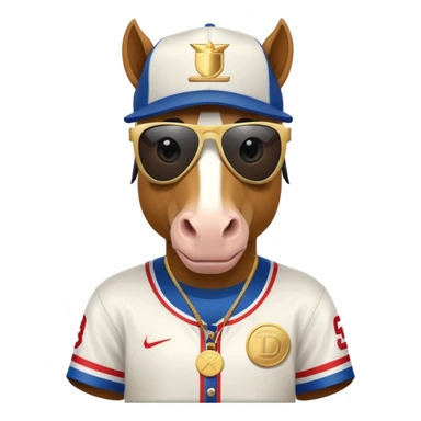 friendly anthropomorphised horse in RUN DMC style outfit, gold medal, baseball hat, sunglasses sticker