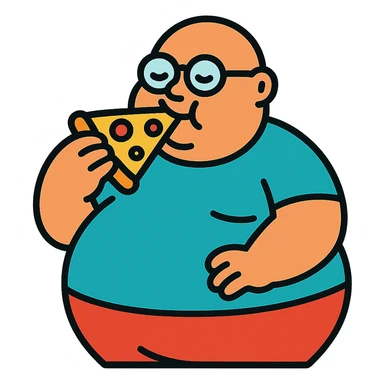 very fat bald man with glasses eating pizza sticker