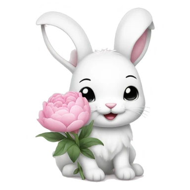 cute white bunny holding light pink peonies sticker