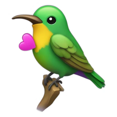 emoji de un colibrí de color verde y morado con un corazón Amarillo sticker