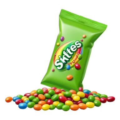A colorful Skittles candy pack with green candies spilling out. Minimalist design with bright rainbow colors on the package and only green Skittles candies. sticker
