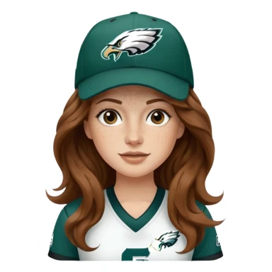 White girl with long medium brown wavy hair and freckles wearring a Philadelphia eagles jersey and hat sticker