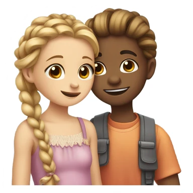 A blushing boy giving a girl in braids a candy sticker