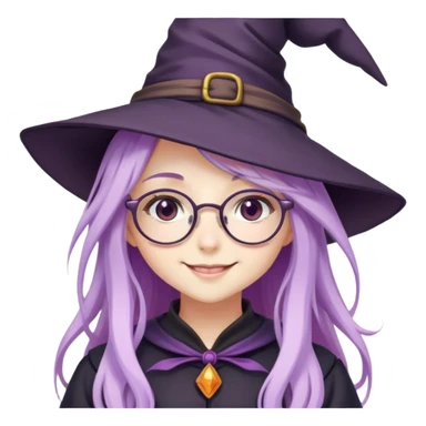 cute anime girl with long lilac hair in witch hat and glasses smiling sticker