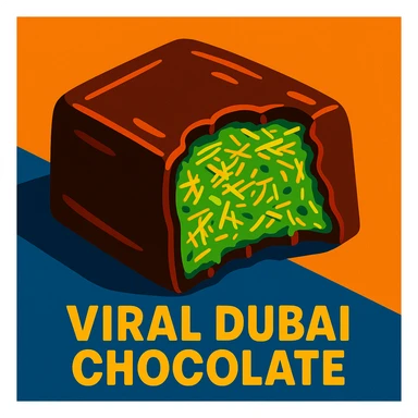 stylized illustration of the viral Dubai chocolate, bitten to show a bright green pistachio kataifi filling (shredded pastry and pistachio), with glossy highlights sticker