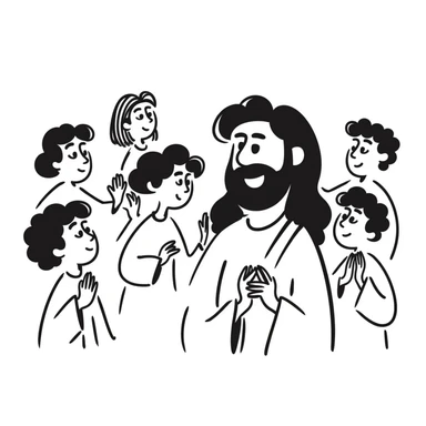 Jesus surrounded by his disciples and followers, peaceful gathering sticker