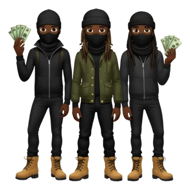 Group of African American men with dreadlocks wearing black ski masks covering their face wearing black skinny jeans and black timberland boots holding money and drugs sticker