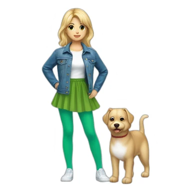 Blonde girl with bang and tail, in blue denim jacket, white T-shirt, green tights and elongated blue chiffon skirt sticker