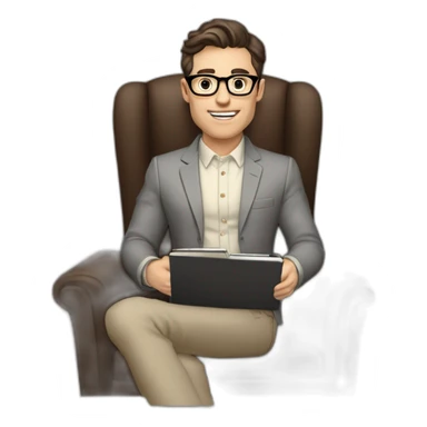 Pale skinned Fit Man With dark brown hair in gray jacket, beige office shirt, Brown pants and vintage glasses sitting In a soft chair with a notebook with emblem Ψ and a pen in his hands sticker
