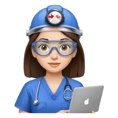 i need a brunette young woman in blue scrubs with brown eyes fair skin with safety goggles on and a laptop for research  healthcare research no safety helmet sticker