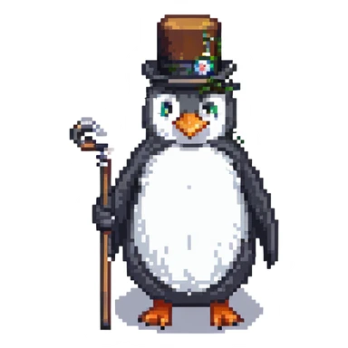 penguin with monocle and cane, pixel art style sticker