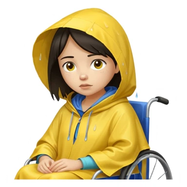Girl with dark hair  in a wheelchair with rain poncho sad with raining  sticker