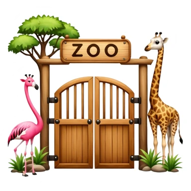 rustic wooden zoo gate with 'zoo' sign, surrounded by giraffe, panda, zebra, and flamingo, traditional emoji style, not AI art sticker