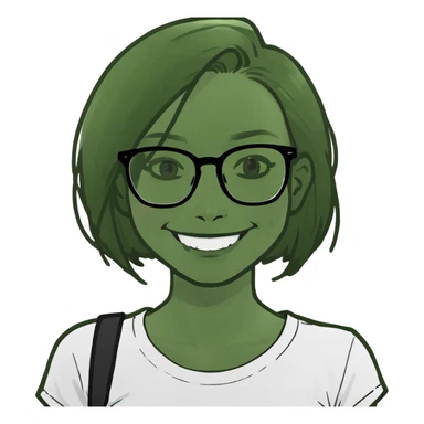 Long black hair girl in a light white T- shirt and black square glasses smiling studying with an Ipad sticker