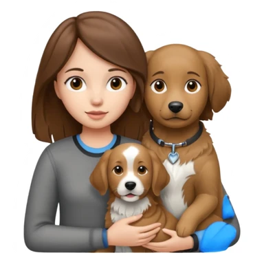 Girl with brown hair holding grey white and black golden retriever dog sticker