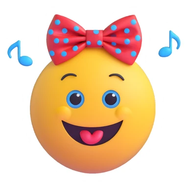 3D smiley emoji, large eyelashes, red polka dot bow, surprised, O-shaped mouth, blue eyes, musical notes sticker