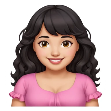 Latina girl with bangs black long wavy hair plus size with a pink dress in love sticker