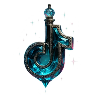 luxurious crystal elixir bottle in the shape of the TikTok logo, black and cyan with pink accents, ornate silver and iridescent details, magical glowing and sparkling effects, very small neck, seamless bottom, transparent background, bottle clearly floating in air, no base or shadow, modern, collection style sticker