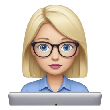 donna, occhi azzurri con occhiali, capelli medi, lisci e biondi, lavora usando il pc. Labbra color malva chiaro sticker