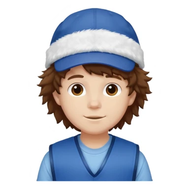 brown fluffy hair kid with blue and white cap dark blue jilet red t shirt sticker