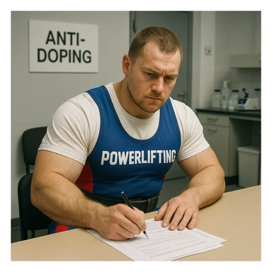 European powerlifter in anti-doping room signing control documents, competition clothing, serious atmosphere, realistic details, laboratory or office background. sticker