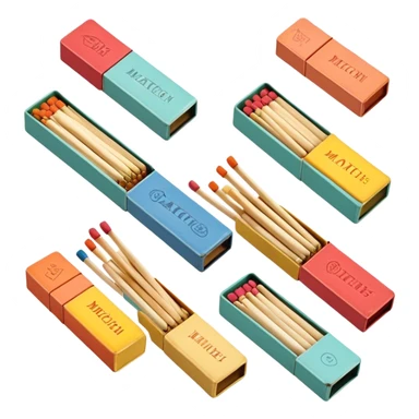 Icon for Matchbox Collecting: a collection of colorful vintage matchboxes arranged in a row, with the match tips visible on the sides. The icon should highlight the unique design and charm of the matchboxes from various places. Transparent background. sticker