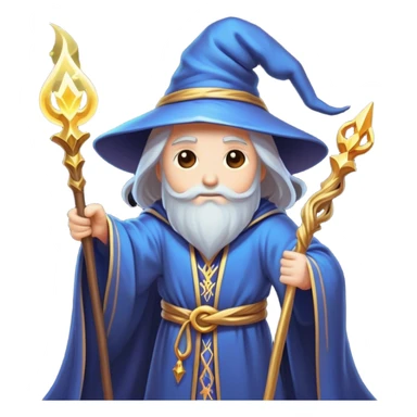 Clash of Clans aesthetic: Cinematic heroic powerful Wizard Hero Emoji, rendered in a 3D vector-style similar to standard emojis with minimal shading and bold, simplified shapes. A compact, isometric figure draped in flowing enchanted robes and wielding a mystical staff, softly glowing with an arcane magical charm. Simplified yet unmistakably iconic, highly detailed and consistent, glowing with a soft radiant glow and high shine. Stylized with a touch of whimsical sorcery and a soft glowing outline, capturing the essence of a powerful wizard ready to cast spells with a friendly, playful spirit! sticker